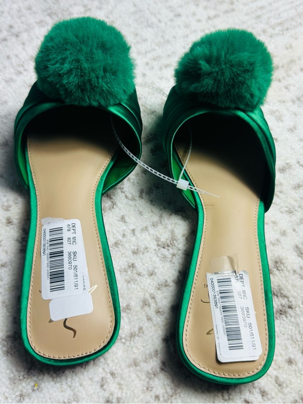 ANTONIO MELANI Emerald Satin Pom-Pom Sandals - Picture 6 of 14